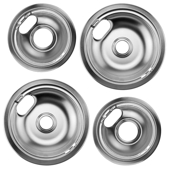 W10196406 and W10196405 Chrome Stove Burner Drip Pan Set for Whirlpool Amana Maytag Magic-Chef Kenmore Electric Range with Locking Slot, Includes 2 6-Inch and 2 8-Inch Drip Bowls