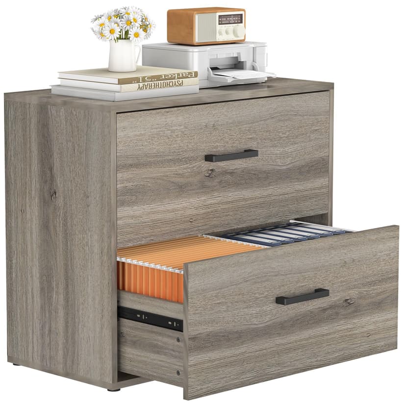 FATIGOS 2 Drawer Wood Lateral File Cabinet, Wide Filing Cabinets for Home Office, Farmhouse File Cabinet Printer Stand for Hanging Files/Letters, Gray