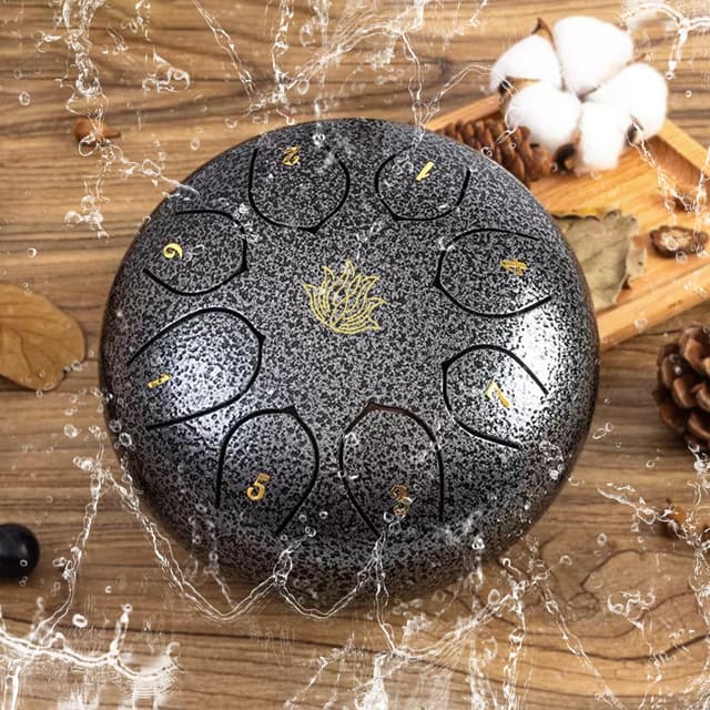 Eavnbaek Rain Chime Drum - 8 Note 6 Inch Rain Drum for Outside Garden, with Bag, Music Book, Drumsticks, Mallet Holder and Finger Paddles, Steel Tongue Drum for Gifts Yoga Education (Starburst Silver)