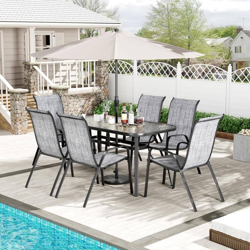 TLSUNNY 7 Pieces Patio Dining Set, Outdoor Table and Chairs W/1.69″ Umbrella Hole, 30"X 55" Table and Stackable Textilene Chair, All Weather Patio Furniture Set (Umbrella not Included) (Grey)