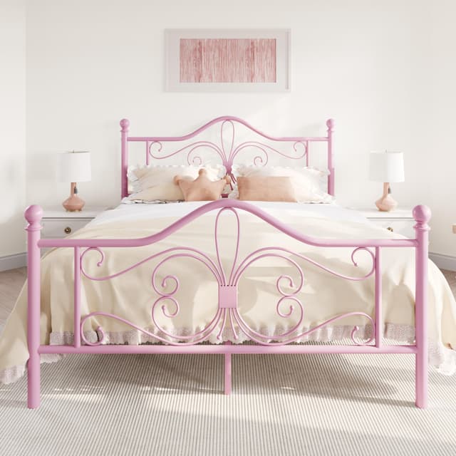 SHA CERLIN Queen Size Bed Frame for Kids,Metal Bed Frame with Butterfly Pattern Design Headboard and Footboard,No Box Spring Needed,Easy Assembly,Pink