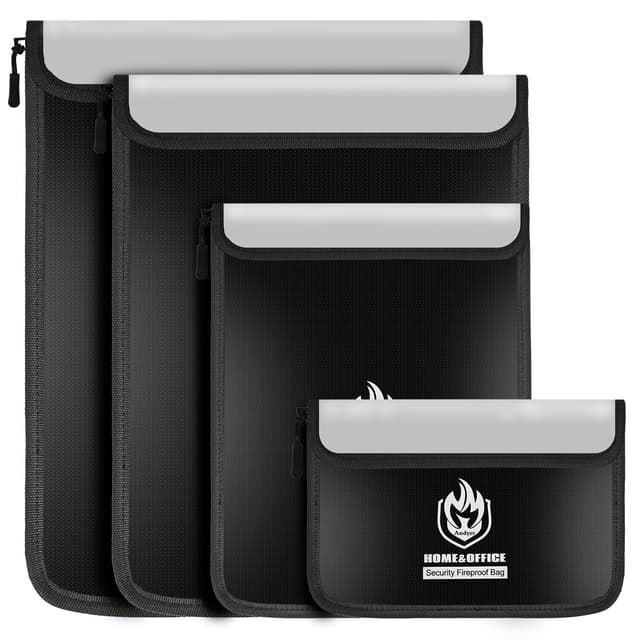 4 Pack Fireproof Document Bags, Waterproof Document Pouch Holder with Zipper, Fire Proof Money Bag for Cash, Fireproof Envelope Fire Safe Bag, Fire Resistant Storage for Legal/A4 Size (Black)