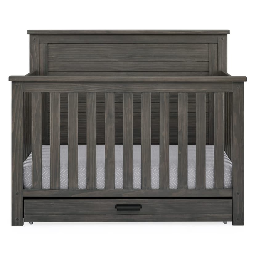 Delta Children Simmons Kids Caden 6-in-1 Convertible Crib with Trundle Drawer, Greenguard Gold Certified, Rustic Grey