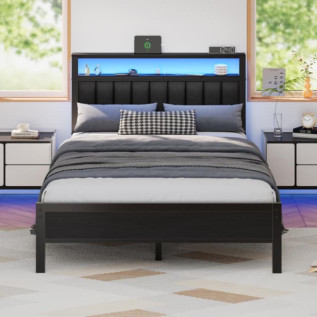 Furnulem Full Size Bed Frame with Charging Station and LED Lights, Platform Bed with Metal Slats, Grey Upholstered Headboard with 2-Tier Storage Shelves, No Box Spring Needed