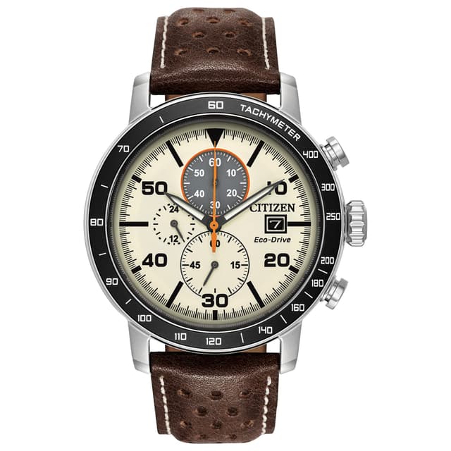 Citizen Men's Eco-Drive Weekender Brycen Chronograph Watch in Stainless Steel, Brown Leather Strap, Ivory Dial (Model: CA0649-06X)