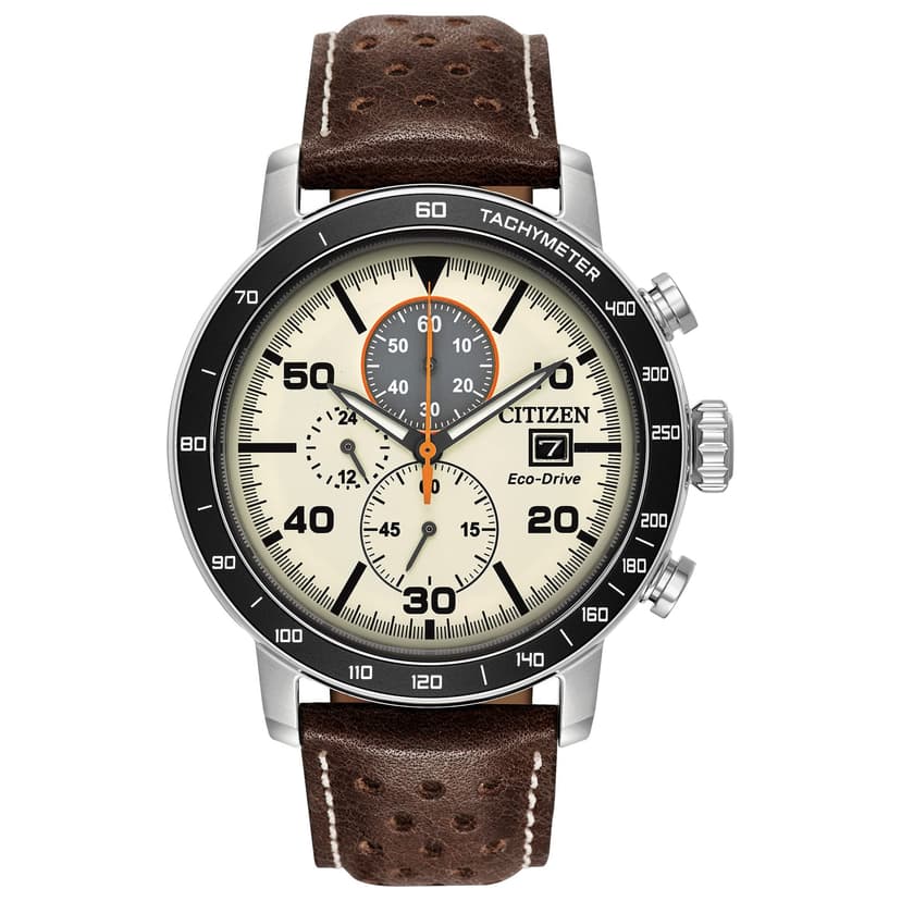 Citizen Men's Eco-Drive Weekender Brycen Chronograph Watch in Stainless Steel, Brown Leather Strap, Ivory Dial (Model: CA0649-06X)