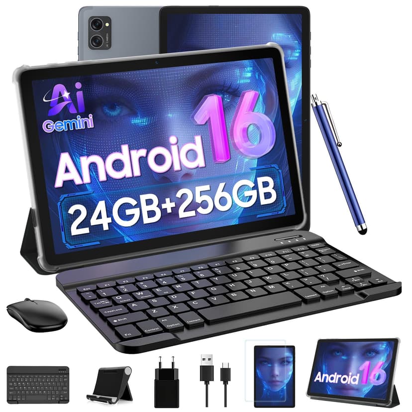 Tablet 2026 Latest Android 16 Tablets with 10.1 Inch Incell Display, 24GB RAM 256GB ROM /2TB TF, Gemini AI, T606 Octa-Core+8MP Camera, 5000mAh, Widevine L1, 2 in 1 Tablets with Keyboard Mouse Stylus