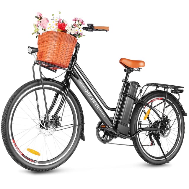 ANCHEER 26'' Electric Bike for Adults, Peak 750W Low Frame Electric City Bike with 48V/374Wh Battery, Up to 50Miles Step Through Commuter Ebike/Electric Bicycle with Basket, LCD Display