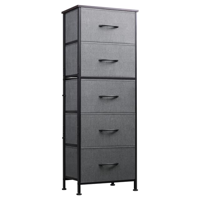 WLIVE Fabric Dresser, 5-Drawer Tall Dressers for Bedroom, Storage Dresser Organizer with Fabric Bins, Wood Top, Sturdy Steel Frame, Chest of Drawers for Closet, Hallway, Dark Grey