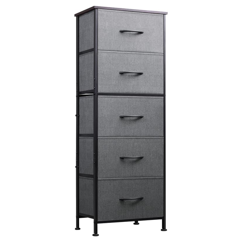 WLIVE Fabric Dresser, 5-Drawer Tall Dressers for Bedroom, Storage Dresser Organizer with Fabric Bins, Wood Top, Sturdy Steel Frame, Chest of Drawers for Closet, Hallway, Dark Grey