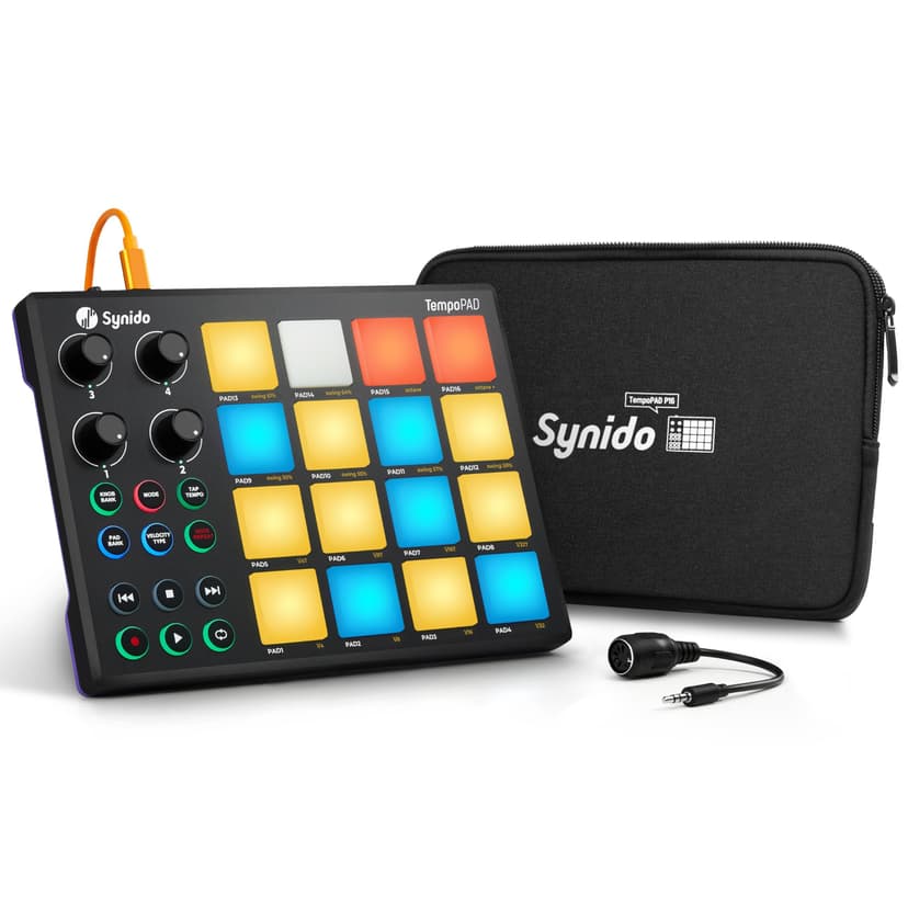 TempoPAD MIDI Drum Controller, 16 RGB Backlit Beat Pads, 4 Assignable Knobs, USB Portable Music Production, Black