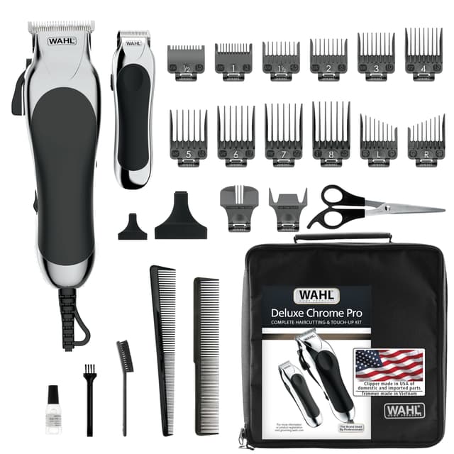 Wahl Clipper USA Deluxe Corded Chrome Pro, Complete Hair and Trimming Kit, Includes Corded Clipper, Cordless Battery Trimmer, and Styling Shears, for a Cut Every Time - Model 3029682