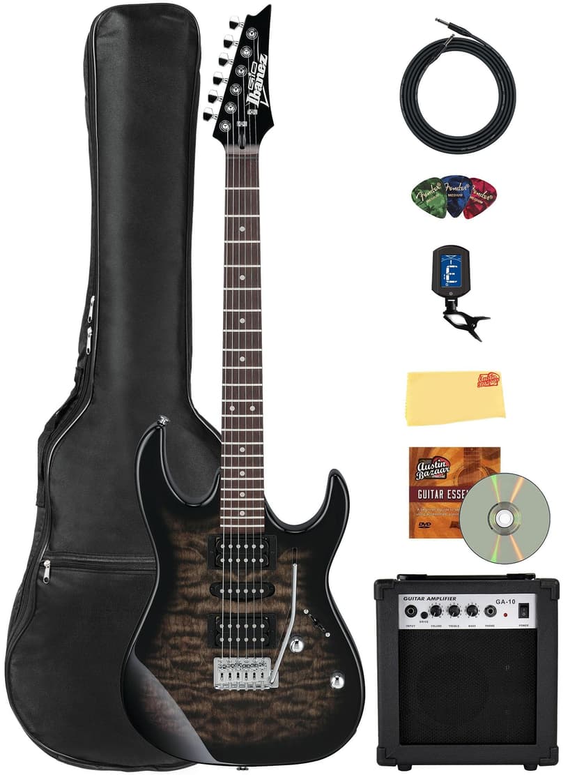 Ibanez GRX70QA RG Gio Electric Guitar - Transparent Black Sunburst Bundle with Amp, Gig Bag, Tuner, Instrument Cable, Picks, Austin Bazaar Instructional DVD, and Polishing Cloth