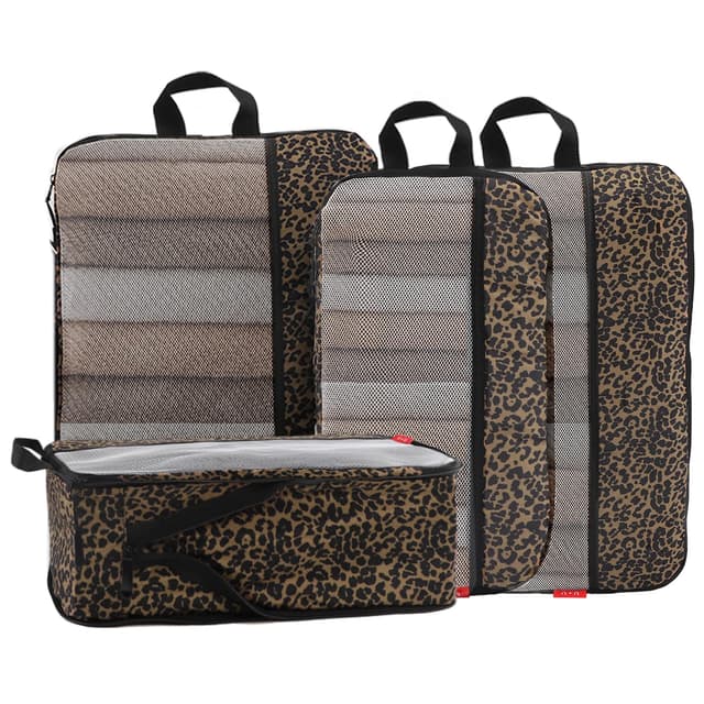 U+U 4 Set Compression Packing Cubes - Ultralight Travel Organizers, Space-Saving Suitcase Organizer, Expandable Packing Cubes for Travel, Business Trip and Family Vacation (Leopard)