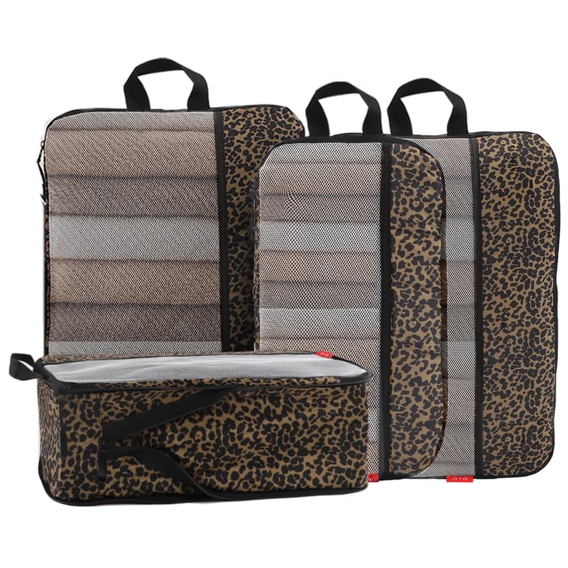 U+U 4 Set Compression Packing Cubes - Ultralight Travel Organizers, Space-Saving Suitcase Organizer, Expandable Packing Cubes for Travel, Business Trip and Family Vacation (Leopard)