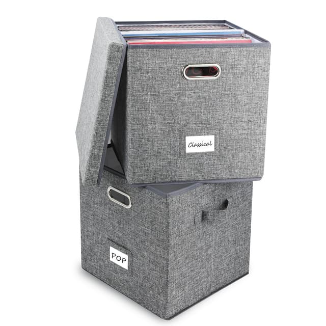 ZEDKEHO Vinyl Record Storage Box Set of 2 - Album Storage Holds 100+ Single Records, Decorative LP Storage Organizer Crate with Lid, Sturdy Moving Boxes for Records