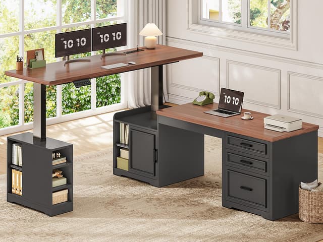 SEDETA Farmhouse L Shaped Electric Standing Desk, 63" x 67" Height Adjustable Home Office Executive Desk with Drawers and Shelves, Standing Computer Desks with Power Outlet for Home Office, Black