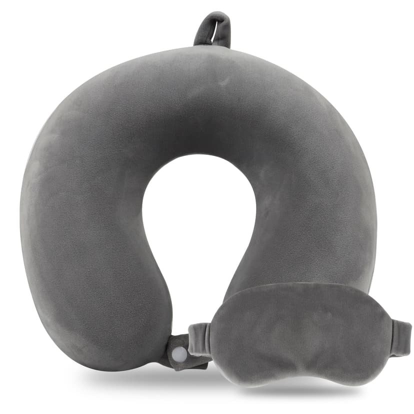 Pure Memory Foam Travel Pillow Set for Adults - Comfortable & Removable Machine Washable Cover, Neck Support Pillow Airplane Travel Kit with Eye Mask for Portable Plane Accessories -Dark Grey