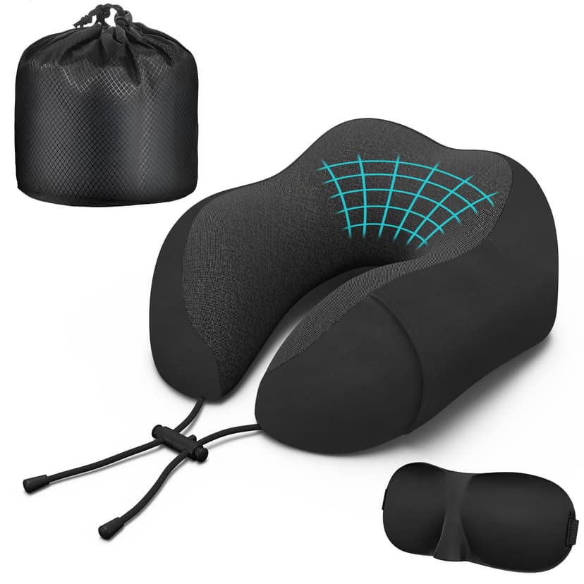 Phent zari Neck Travel Pillow, Upgraded Memory Foam Pillow for Airplane, Machine Washable, Adjustable Flight Pillow, Suitable for Sleeping Airplane, Car, Office and Home (Black)