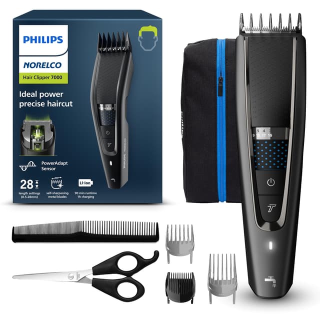 Norelco Philips Hair Clipper 7000 Series, Hair and Beard Trimmer, Precision Dial, PowerAdapt Sensor, Trim-and-Flow, DualCut, DuraPower, 28 Length Settings, 90 Min. Runtime, Model HC7650/40