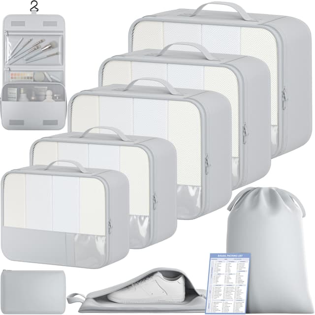 BAGAIL 9 Set Packing Cubes with Packing List Luggage Packing Organizers for Travel Accessories (Light Grey)