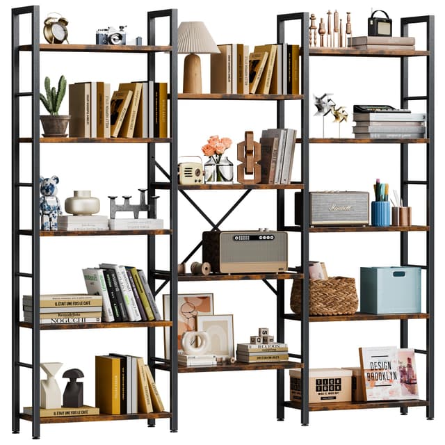 Shintenchi Triple Column 5 Tier Bookshelf, Industrial Large Bookcase Display Shelves, Large Etagere Bookshelf,Wide Book Shelf Book Case for Home & Office, Rustic Brown