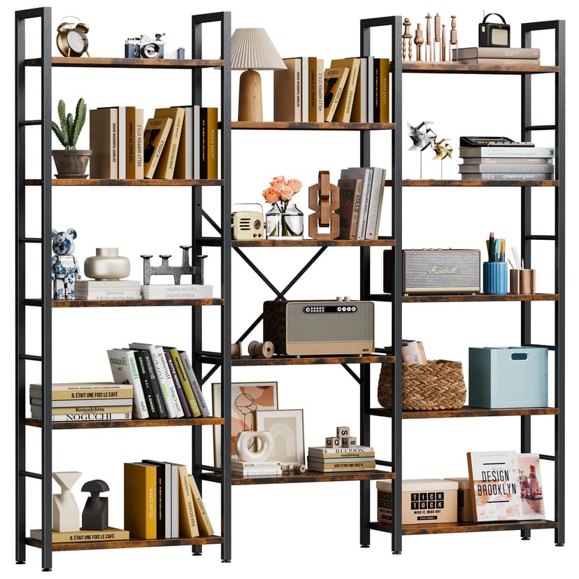 Shintenchi Triple Column 5 Tier Bookshelf, Industrial Large Bookcase Display Shelves, Large Etagere Bookshelf,Wide Book Shelf Book Case for Home & Office, Rustic Brown