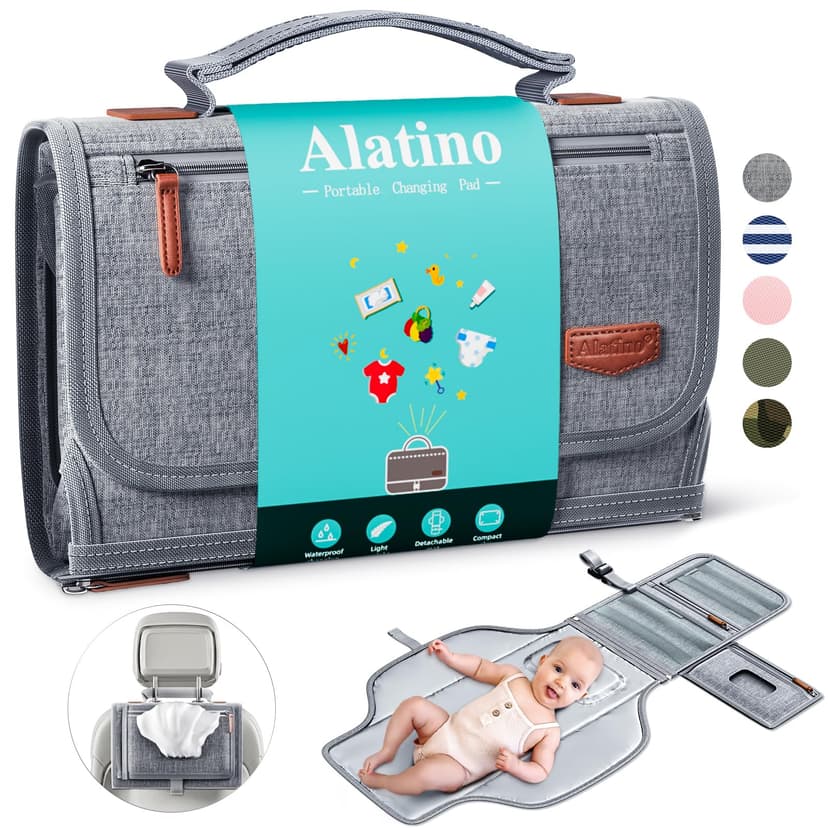 Alatino Portable Diaper Changing Pad for Baby, Detachable Travel Changing Pad with Baby Wipes Pocket, Gifts for Baby Shower, Newborn Girls and Boys (Grey)