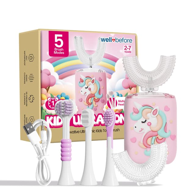 Well Before Kids U Shaped Electric Toothbrush with 5 Brush Heads, Ultrasonic, 5 Modes, IPX7 Waterproof Design (Unicorn, Pink Ages 2-7)