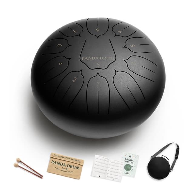 Panda Drum Plus (Black) | Steel Tongue Handpan with Music Book, Mallets, Carrying Bag & Finger Picks | 11 inch, 432 Hz | Rain Drum for Inside & Outside | Calming Musical Instrument for Adults & Kids