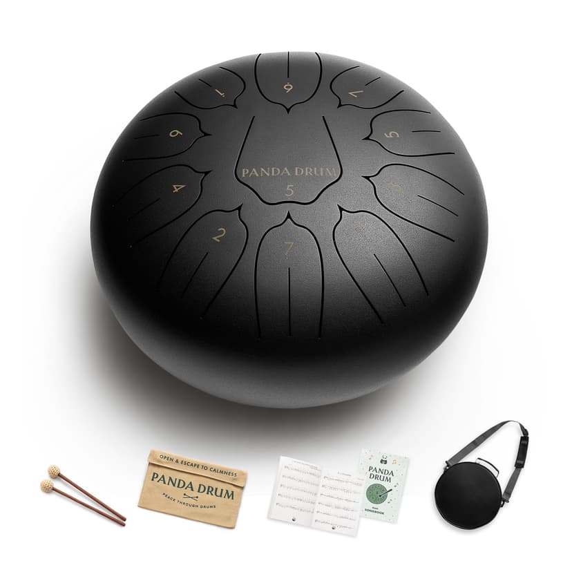 Panda Drum Plus (Black) | Steel Tongue Handpan with Music Book, Mallets, Carrying Bag & Finger Picks | 11 inch, 432 Hz | Rain Drum for Inside & Outside | Calming Musical Instrument for Adults & Kids