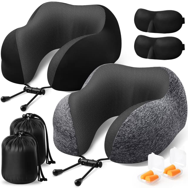 ExploreBliss Travel Pillow, 2 Pack Travel Pillows for Sleeping Airplane, Removable Cover Neck Pillow with Adjustable Clasp, Memory Foam Neck Pillow Set (Dark Grey & Black)