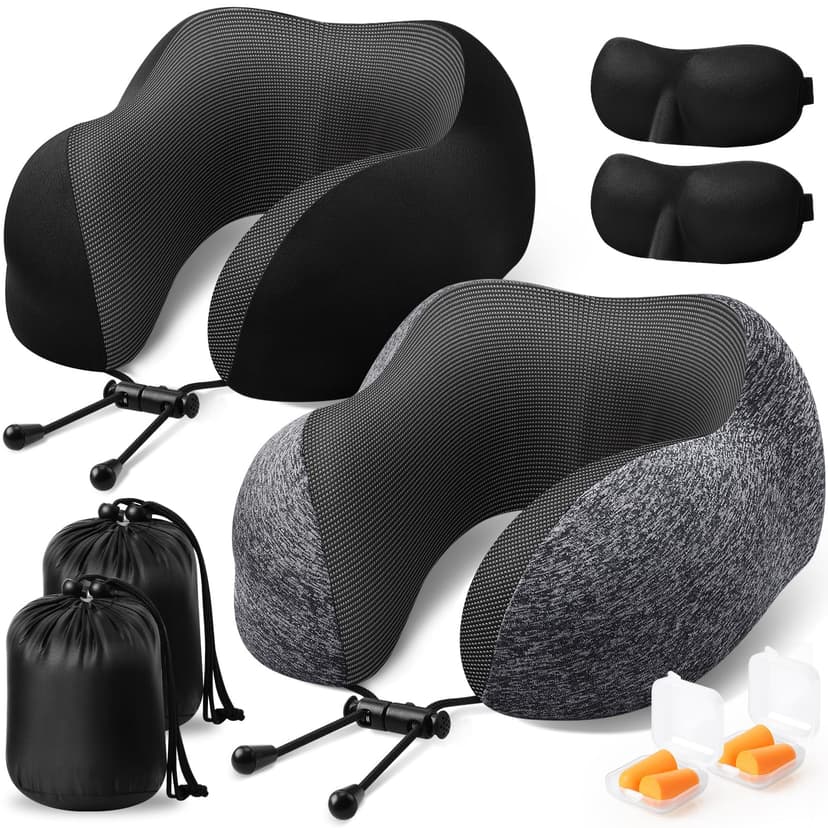 ExploreBliss Travel Pillow, 2 Pack Travel Pillows for Sleeping Airplane, Removable Cover Neck Pillow with Adjustable Clasp, Memory Foam Neck Pillow Set (Dark Grey & Black)