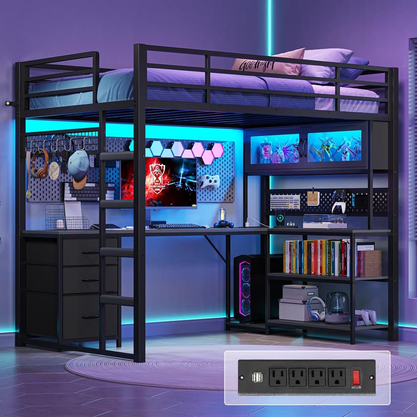 ADORNEVE Twin Size Loft Bed with L-Shaped Gaming Desk, Storage Drawers & Hutch, Expanded Safety Power Outlet, Metal Loft Bed Frame with RGB Lights, Space Saving for Teens, Black