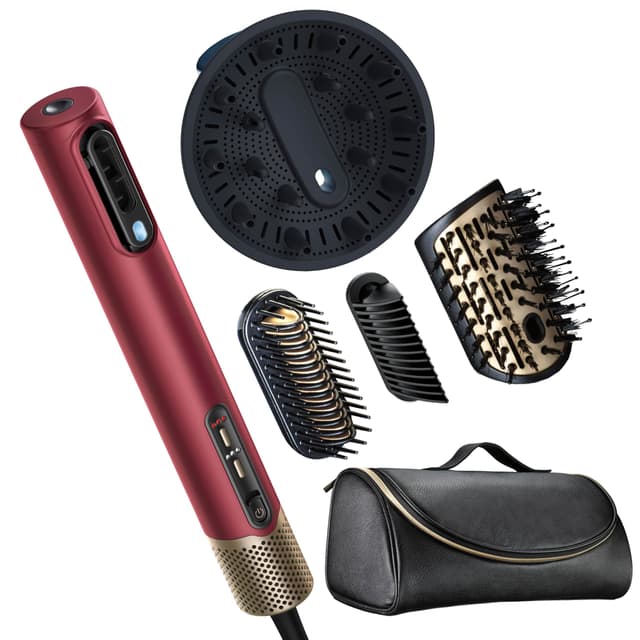 Infiniti PRO CONAIR 5-in-1 Hair Drying Wand, Straightener, and Styler, Ionic All-in-One Digital Motor Blow Dryer, Includes 4 High-Performance Attachments, Cherry Red