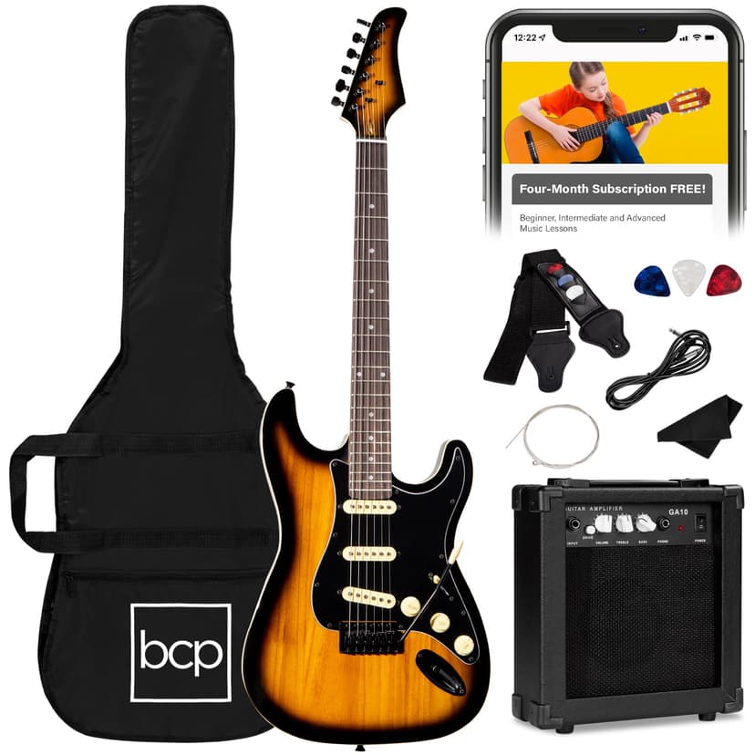 Best Choice Products 39in Full Size Beginner Electric Guitar Starter Kit w/Case, Strap, 10W Amp, Strings, Pick, Tremolo Bar - Sunburst