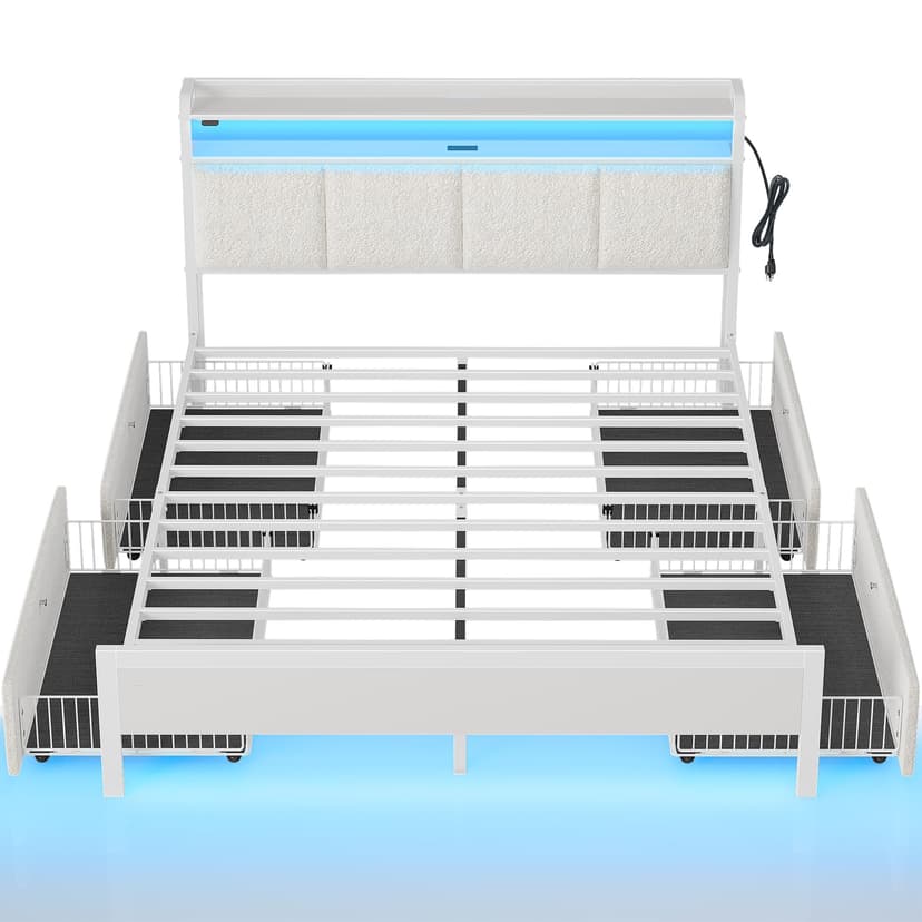Rolanstar Bed Frame Full Size with Charging Station and LED Lights, Upholstered Storage Headboard with Drawers, Heavy Duty Metal Slats, No Box Spring Needed, Noise Free, Easy Assembly, White