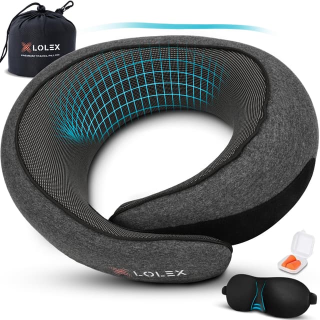 LOLEX™ Travel Pillow - Memory Foam Neck Support Pillow for Airplane, Car - Super-Soft Pure Cotton Fabric, Lightweight & Easy-to-Carry Full Travel Sleep Kit (Eye Mask, Earplugs) - Dark Grey