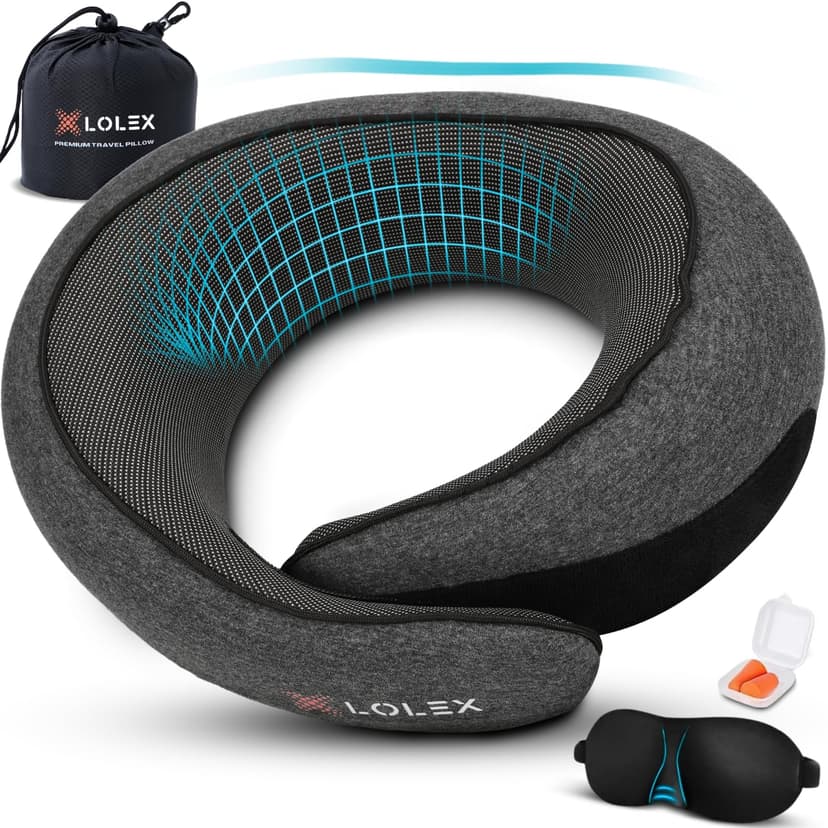 LOLEX™ Travel Pillow - Memory Foam Neck Support Pillow for Airplane, Car - Super-Soft Pure Cotton Fabric, Lightweight & Easy-to-Carry Full Travel Sleep Kit (Eye Mask, Earplugs) - Dark Grey