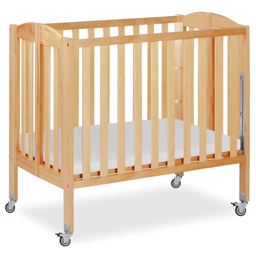 Dream On Me 3-in-1 Portable Folding Stationary Side Mini Baby Crib in Natural & Mattress, GreenGuard Gold & BSA, Use as Changer & Playpen, Locking Wheels, 3 Mattress Heights, Extra Firm Mattress