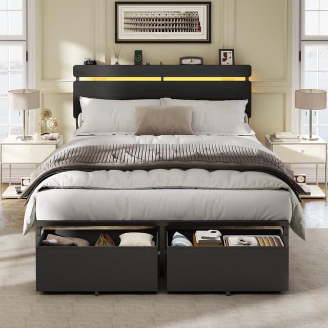 Forestell Full Size Bed Frame with Wood Headboard, Black Platform Bed with 2 Storage Drawers & Shelf, Built in Charging Station & LED Lights, Metal Support, No Box Spring Needed, Camas Full