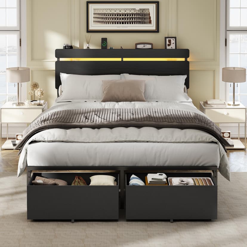 Forestell Full Size Bed Frame with Wood Headboard, Black Platform Bed with 2 Storage Drawers & Shelf, Built in Charging Station & LED Lights, Metal Support, No Box Spring Needed, Camas Full