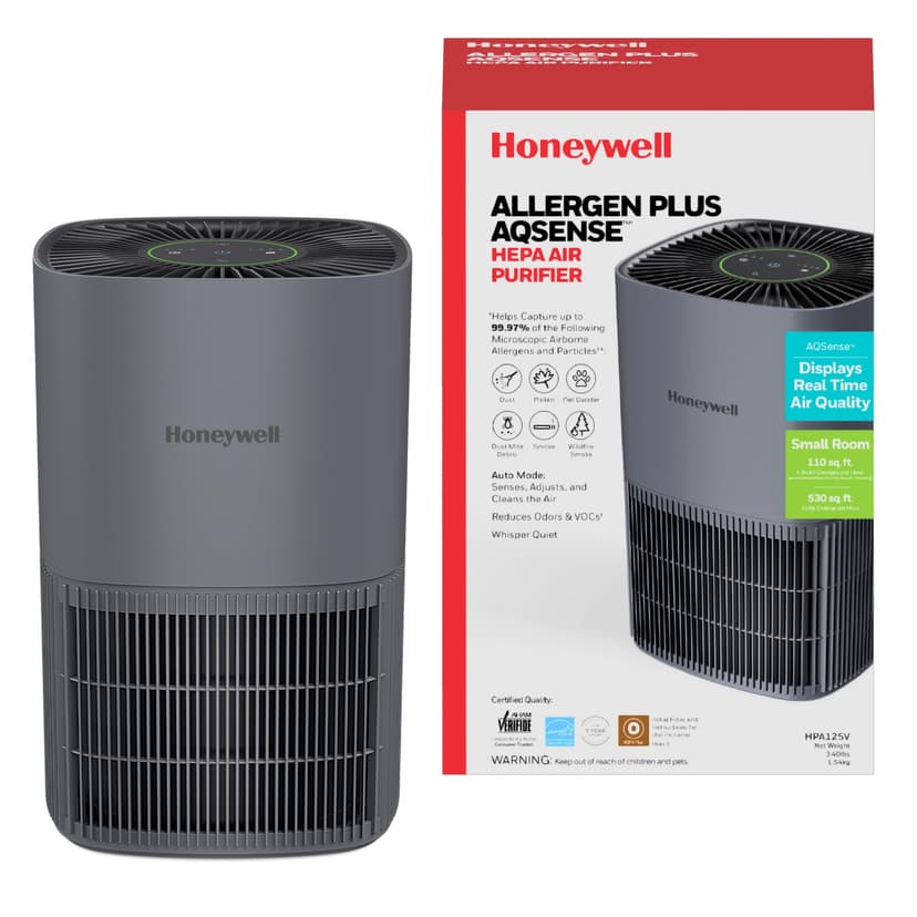 Honeywell Allergen Plus Compact HEPA Small Room Air Purifiers for Home, Up to 530 Ft² Coverage, 3-in-1 Filter, Pet Dander, Smoke & Odor Reducer Air Quality Sensor with Auto Mode, Grey, HPA125V
