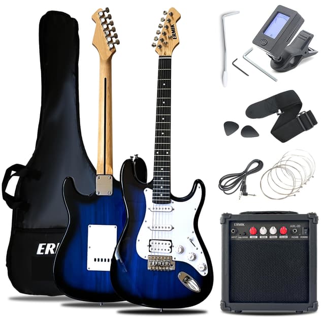 Ermik Soild Body Electric Guitar Kit with Amp 20W, Strings, Strap, Digital Tuner, Picks, Gig Bag, Cable, Tremolo Bar, 39" Full Size Guitar HSS Pickups Guitarra Electrica Beginner Gift - Blue
