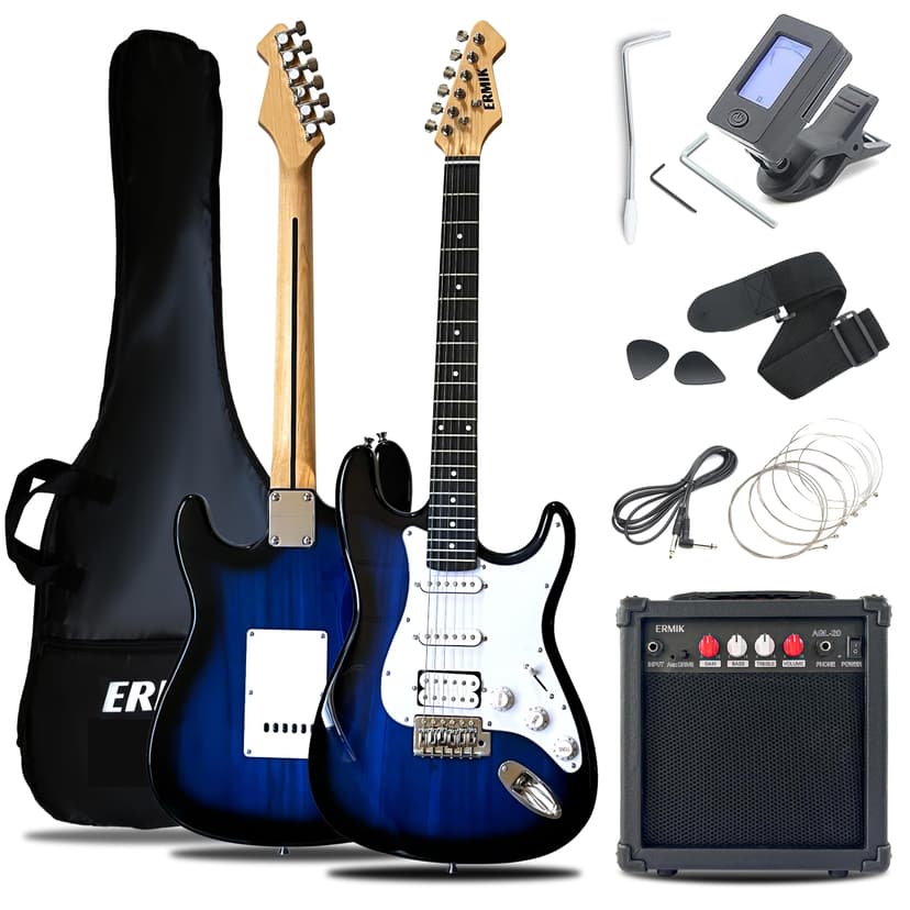 Ermik Soild Body Electric Guitar Kit with Amp 20W, Strings, Strap, Digital Tuner, Picks, Gig Bag, Cable, Tremolo Bar, 39" Full Size Guitar HSS Pickups Guitarra Electrica Beginner Gift - Blue
