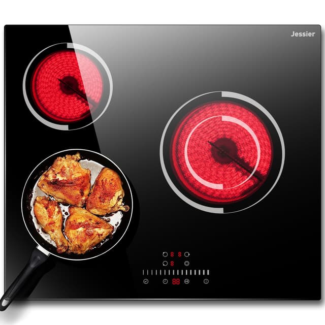 Jessier Electric Cooktop 24 Inch - 3 Burner Bulit-in Electric Ceramic Cooktop, Radiant Ceramic Stovetop with 9 Heating Level, Timer, Safety Lock, 5200W 220-240V Hard Wire Sensor Touch Control(No Plug)