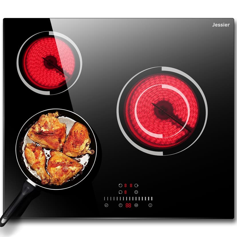 Jessier Electric Cooktop 24 Inch - 3 Burner Bulit-in Electric Ceramic Cooktop, Radiant Ceramic Stovetop with 9 Heating Level, Timer, Safety Lock, 5200W 220-240V Hard Wire Sensor Touch Control(No Plug)
