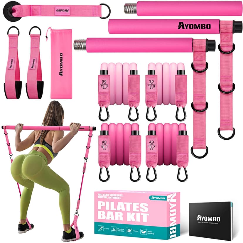 Ayombo Pilates Bar Kit with Resistance Bands, Adjustable Pilates Equipment for Legs, Hip, Waist, Arm, Squats Exercise Equipment for Home Gym Workouts, 3-Section Pilates Bar Kit for Women & Men