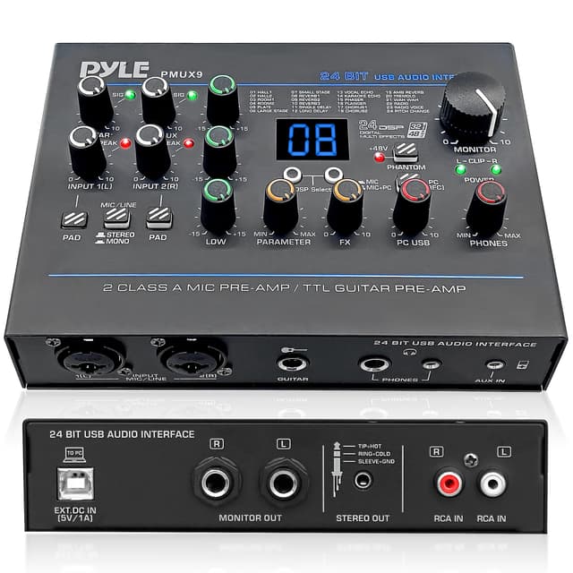 Pyle USB Audio Interface - MIC/LINE - Guitar - AUX Stereo & RCA Inputs - Preset 24 Digital Effects - Phantom Power - Phone/Stereo/Monitor/Headphone Outputs - For Computer Playing & Recording - PMUX9