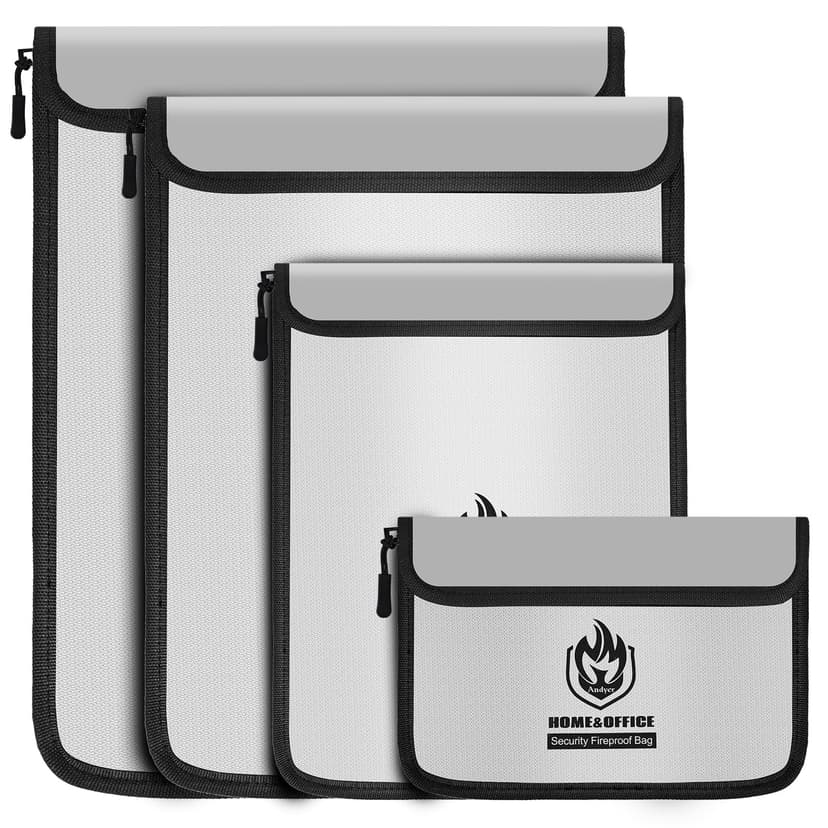 Andyer 4 Pack Fireproof Document Bags, Waterproof Document Pouch Holder with Zipper, Fire Proof Money Bag for Cash, Fireproof Envelope Fire Safe Bag, Fire Resistant Storage for Legal/A4 Size (Gray)